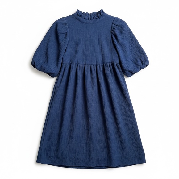 Umgee Navy Blue Boho Mini Dress Size L Lace Yoke V-Neck 3/4 Puff Sleeve, Lined - Picture 4 of 7